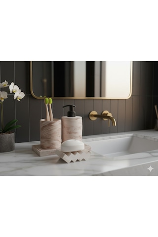 3'lü Bej Mermer Desen Banyo Seti ,sıvı Sabunluk Diş Fırçalığı Beton Aksesuar Takımı Bej