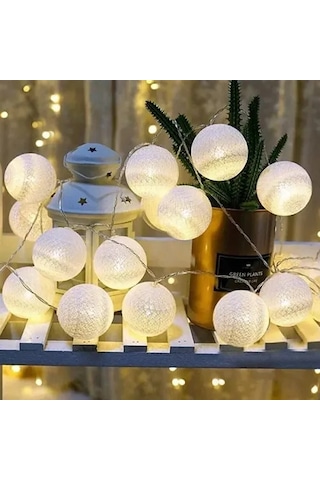 2m 10'lu Işıklı Beyaz Top Dekoratif Süs Beyaz