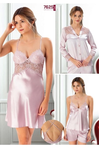 7625 Çeyizlik Dantelli Saten 6'lı Set -pudra Pudra