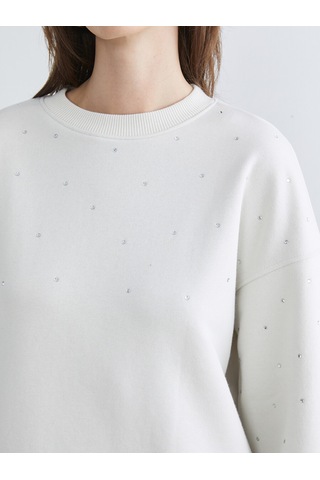 Lcw Vision Bej Bisiklet Yaka Taşlı Oversize Kadın Sweatshirt