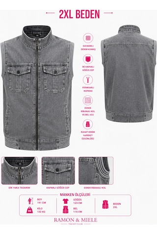 Büyük Beden Denim Dik Yaka Fermuarlı Cepli Bomber Erkek Yelek Antrasit