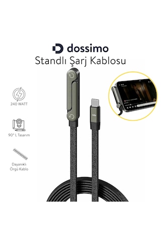 Dossimo 240w Ultra Hızlı Type-c Şarj Data Kablosu Katlanabilir Standlı 1.5m Örgülü 2 In 1 Stand+şarj Kablosu 1.5 M