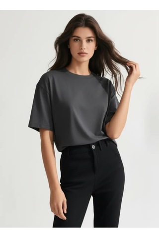 Enva Store Kadın Oversize Fit Yuvarlak Yaka Modal Basic T-shirt Tişört Antrasit