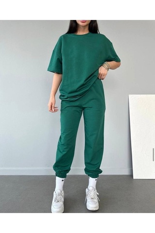 Basic T-shirt Eşofman Altı Jogger - Yeşil Düz Alt Üst Eşofman Takımı Oversize Bisiklet Yaka Yeşil