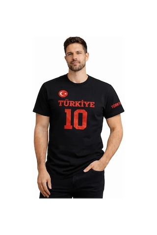 Valensdesign Erkek Türkiye Ay Yıldız Baskılı 10 Numara Forma Tişört Taraftar T-shirt - Siyah