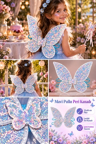 Mavi Pullu Peri Kanadı 35x46 Cm Lastikli Kelebek Sırt Kanadı Kostüm, Parti Ve Gösteri Aksesuarı