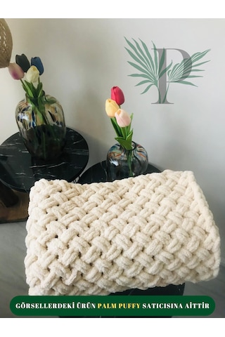 Palm Puffy Hasır Örgülü Bej Bebek Battaniyesi Bej