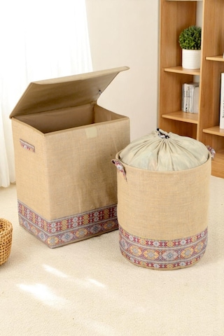 İronika Etnik Desenli Dolap İçi Organizer Oyuncak Kutusu Eşya Çamaşır Sepeti Düzenleyici Kutu 2li Set Bakır