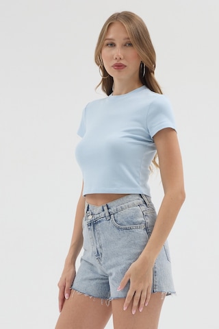 Urbantrendstore Kadın Bisiklet Yaka Likralı Kısa Kol Body Crop Bluz Günlük Şık Sade Yazlık Casual Crop Kadın Crop Mavi