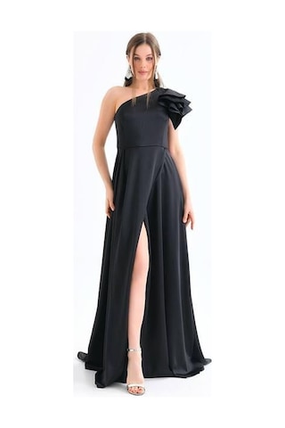 Dip Moda Kadın Siyah İthal Kumaş Saten Abiye Elbise Dpnbswll10 Siyah