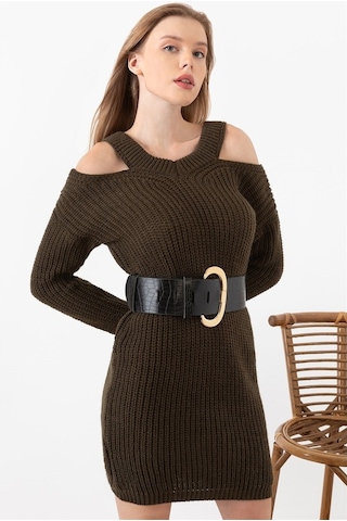 Aqe Fashion Kadın Haki Omuz Detaylı Elbise Haki