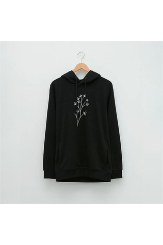 Minimal Çiçek Özel Tasarım Baskılı Kapüşonlu Sweatshirt Siyah