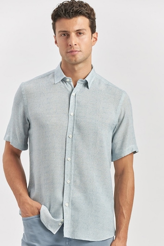 İmza Koyu Lacivert Kısa Kollu Düğmeli Yaka Biyeli Keten Casual Slim Fit Dar Kesim Gömlek 1004240242 Koyu Lacivert
