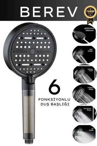 6 Fonksiyonlu Filtreli Duş Başlığı Su Tasarruflu Basınçlı Kireç Klor Önleyici Siyah