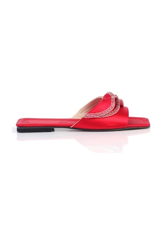 Shoetek Kathleen Kadın Terlik Taşlı Kırmızı Saten Kırmızı