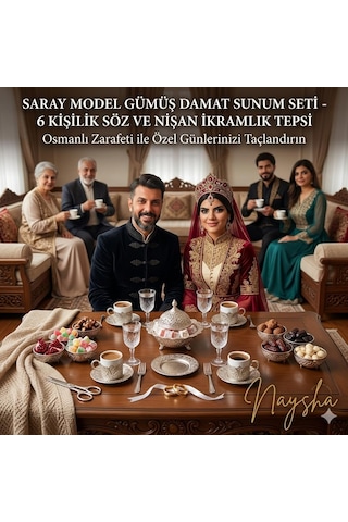 Lexroo Osmanlı Saray Model Gümüş Damat Sunum Seti, 6 Kişilik, Söz Ve Nişan İkramlık, Osmanlı Tarzı
