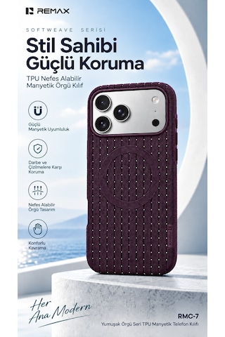 Remax Softweave Series İphone 17 Pro Max Uyumlu Mıknatıslı Örgü Desen Nefes Alan Tpu Kılıf Rmc-7 - Kırmızı