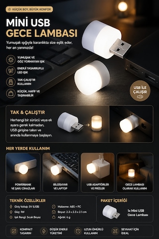 Taşınabilir Mini Usb Led Gece Lambası Tak Çalıştır 1w Sıcak Beyaz Işık Enerji Tasarruflu Kitap Okuma Aydınlatması Powerbank Kamp Laptop Araç