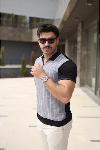 Butik İstanbul Erkek Polo Yaka Fermuar Detaylı Çizgili Tişört Siyah