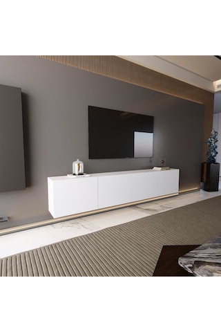 Modern Mobilya Paris Tv Ünitesi Tv Sehpası Duvara Monte 4 Kapaklı Beyaz 240 Cm Beyaz
