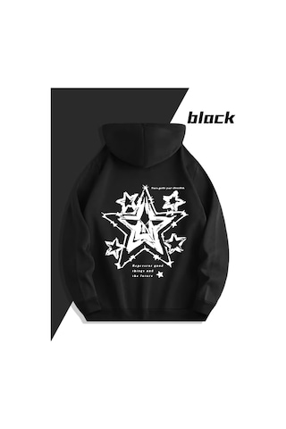 Nevermind Yıldız Desenli Baskılı Hoodie Trend Sevgili Kombini Oversize 3 Siyah