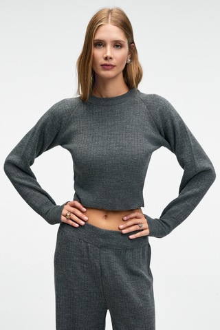 Grımelange Marıposa Kadın Yuvarlak Yaka Çizgi Desenli Crop Geniş Paça Triko Antrasit Alt-üst Takım Antrasit