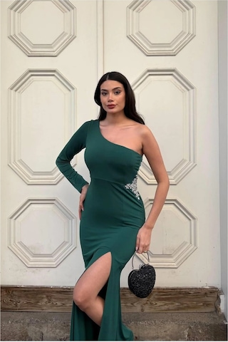 Linabloom Kadın Trend Model Simli Kumaş Asimetrik Yaka Drapeli Tek Kollu Elbise Zümrüt