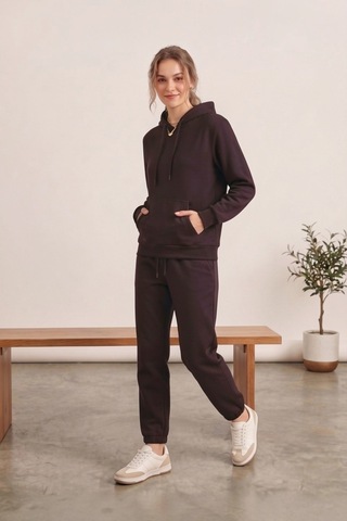 Moibody Kadın 3 İplik Şardonlu Eşofman Takımı Premium Kapüşonlu Sweatshirt Ve Jogger Alt Acı Kahve Acı Kahve