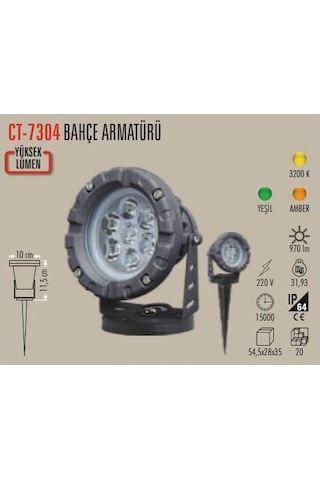 Ct-7304 Amber Işık Yüksek Lümenli 15w Kazıklı Ledli Bahçe Armatürü 220v Amberışık Amber
