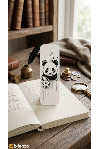 Sevimli Panda Ve Çiçek Motifli Kabartma Dokulu Kitap Ayracı - Estetik Siyah&beyaz Kitap Aksesuarı
