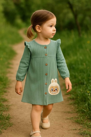 Aden Kids Kız Çocuk Tavşan Desenli Elbise Çağla Yeşili