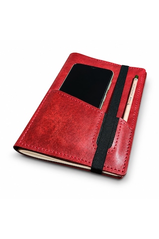 Bilikolik Hakiki Deri A5 Defter Kılıfı, El Yapımı, Telefon Cepli Ajanda Organizer, Defter Ve Kalem Dahil Kırmızı