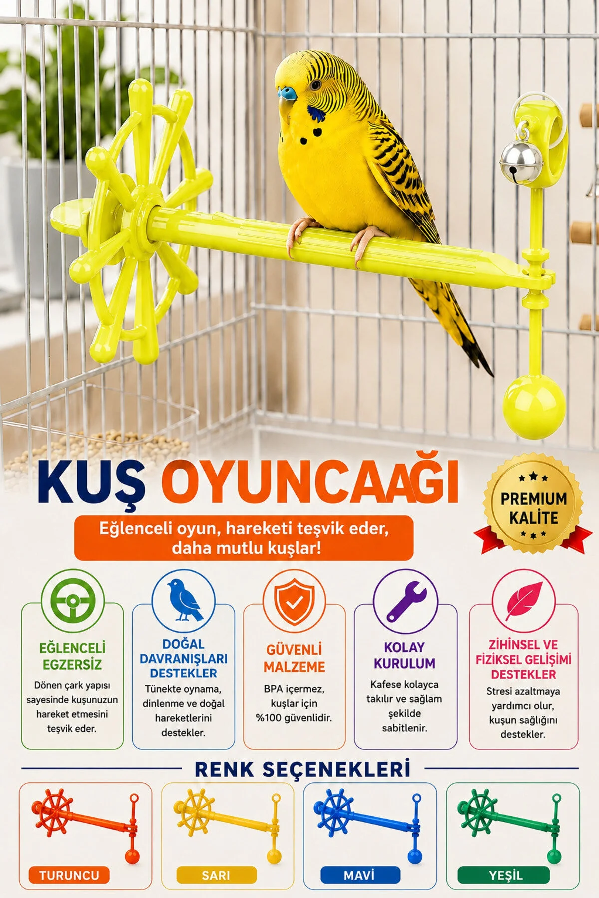Yeni Nesil Akıllı Kuş Yemliği Ve Zilli Kuş Oyuncağı Sarı