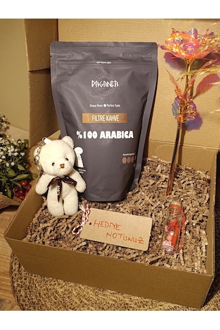 Kutulu Hediye Seti Beyaz Ayıcık Anahtarlık - Filtre Kahve 250 Gr. - Dilek Şişesi - Sonsuzluk Gülü