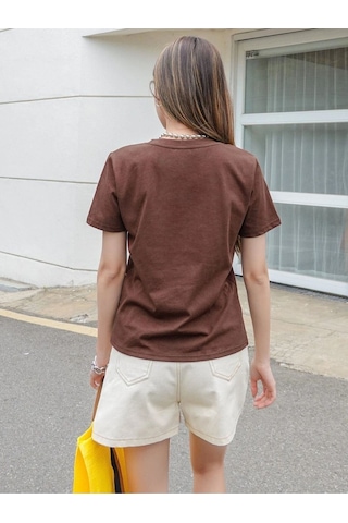 Flood Of Style Kadın Kahverengi Four Baskılı Bisiklet Yaka Tshirt