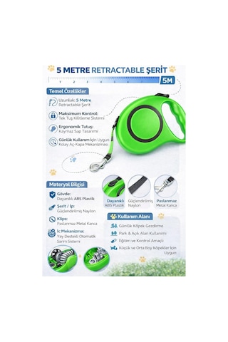 5 Metre Otomatik Geri Sarımlı Köpek Gezdirme Tasması, Dayanıklı Retractable Pet Leash, Ergonomik Kaymaz Tutma Sap