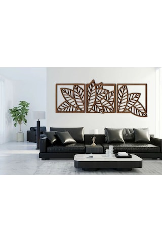 Yaprak Model 3 Lü Dekor Ahşap Duvar Süs Tablo Ceviz Renk 147x52 Cm