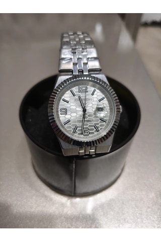Analog Quartz Makina Metal Erkek Kol Saati Beyaz Kadran Su Geçirmez Altın - Gümüş