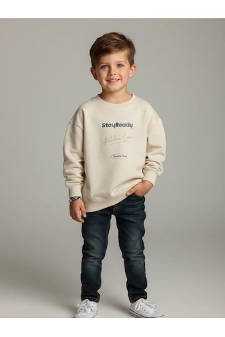 Zekids Erkek Çocuk Pamuklu Stay Yazılı İnce Uzun Kollu Sweatshirt-16334 Taş