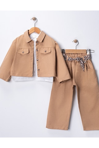 Harika Kids Kız Çocuk Gabardin Ceketli Takım Düğmeli Dokuma Gömlekli, Beli Lastikli Kemerli Pantolon 2-5 Yaş Camel