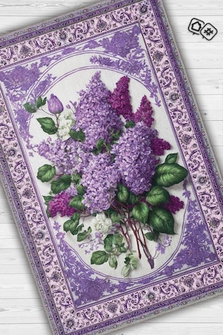 Homshtag Art Deco Leylak Çiçeği Vintage Halı Görünümlü Dijital Baskı Mor Halı,rustik Çiçekli Halı Çok Renkli