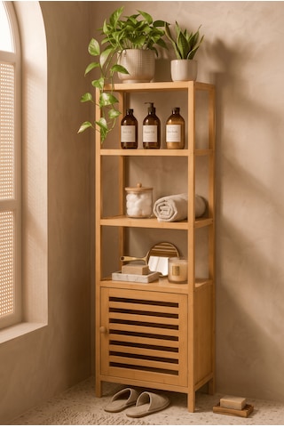 Robin Home Bambu Tek Kapaklı 4 Raflı Çok Amaçlı Düzenleyici Organizer Dolap Bej