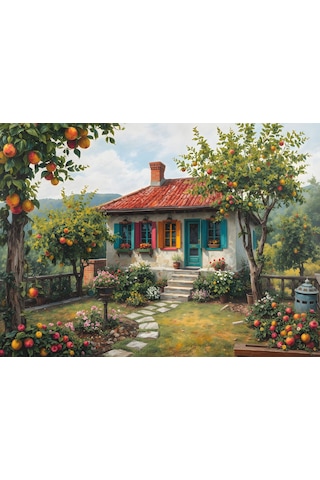 Nova Puzzle 1000 Parça Meyve Ağaçlı Köy Evi Puzzle - Taş Ev