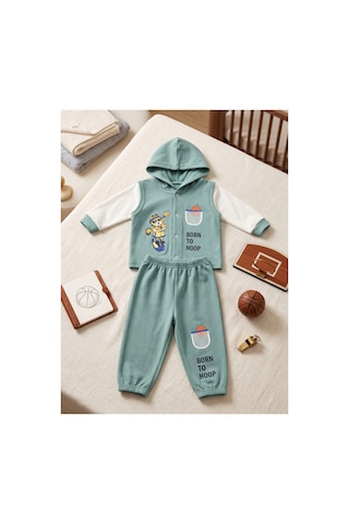 Deniva Kids Erkek Bebek Mint Yeşili Kapüşonlu Yelek Görünümlü Baskılı Eşofman Takımı Alt Üst 2'li Takım