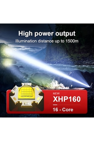 Xuweiwei Yüksek Güçlü Xhp160 Şarj Edilebilir 18650 Pil Led El Feneri 5 Mod 16 Çekirdekli Açık Bakır - Siyah