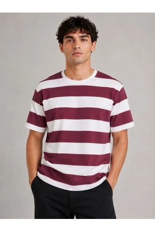 Vexor Erkek Çizgili Oversize Tişört Bisiklet Yaka Kısa Kol Yazlık T-shirt - Bordo Çok Renkli