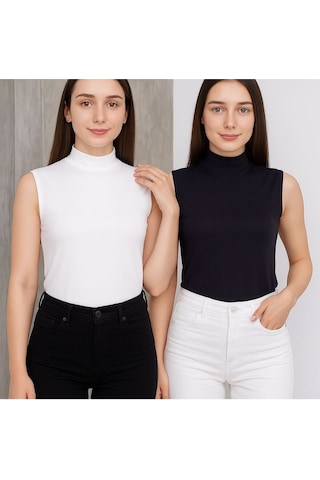 Hashtag Kadın Balıkçı Yaka Sıfır Kol Body 2'li Set Viskon Kumaş Beyaz