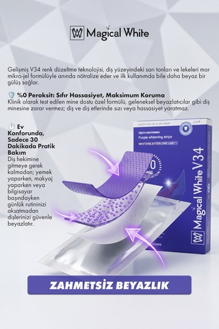 V34 Mor Diş Beyazlatma Bandı - Sarılık Karşıtı Renk Düzeltici Diş Beyazlatıcı Şerit Seti 7 Paket/14 Adet