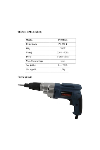 Proter Elektrikli Vidalama 500W 6MM PR 550 T