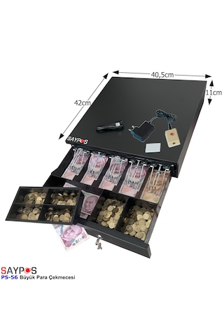 5 Geniş Kağıt Para Gözlü Kolay Açma Buton Adaptörlü, Anahtardan Açılır Para Çekmecesi 40,5x42x11cm